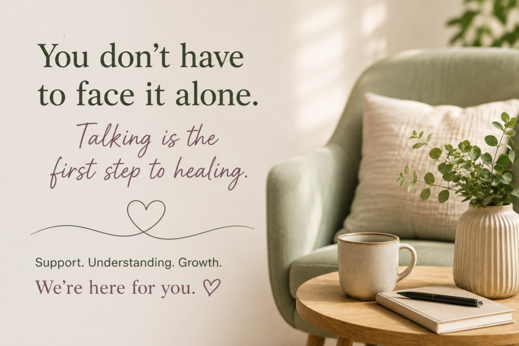 Counselling at Portlaoise Holistic Centre – calming therapy room with an inspirational message promoting support, understanding and healing.